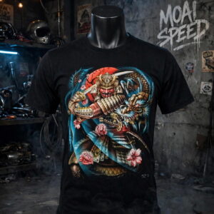 เสื้อยืดสีดำลายซามูไรและมังกร (มือสองสภาพ 90 %) (L)
