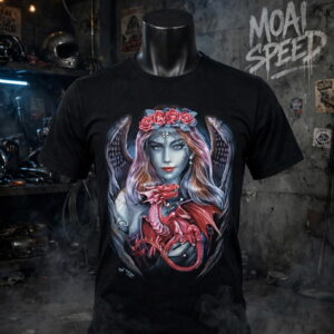 เสื้อยืดสีดำลายสาวมังกร (มือสองสภาพ 90 %) (L) (อก 50 ซม)