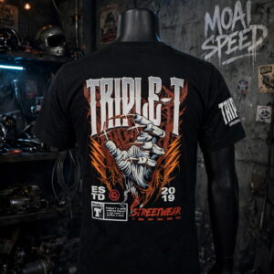 เสื้อยืดสีดำลาย Triple T (มือสองสภาพ 90 %) (XL) (อก 50 ซม)