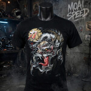 เสื้อยืดสีดำมังกรพิโรธ (มือสองสภาพ 90 %) (L) (อก 50 ซม)
